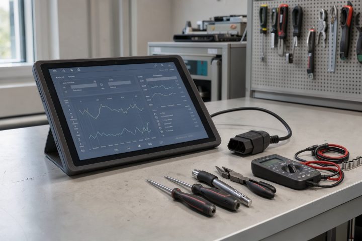 Symbolbild eines 10,1-Zoll-Diagnosetablets mit OBD-II-Anschluss auf einer Werkbank