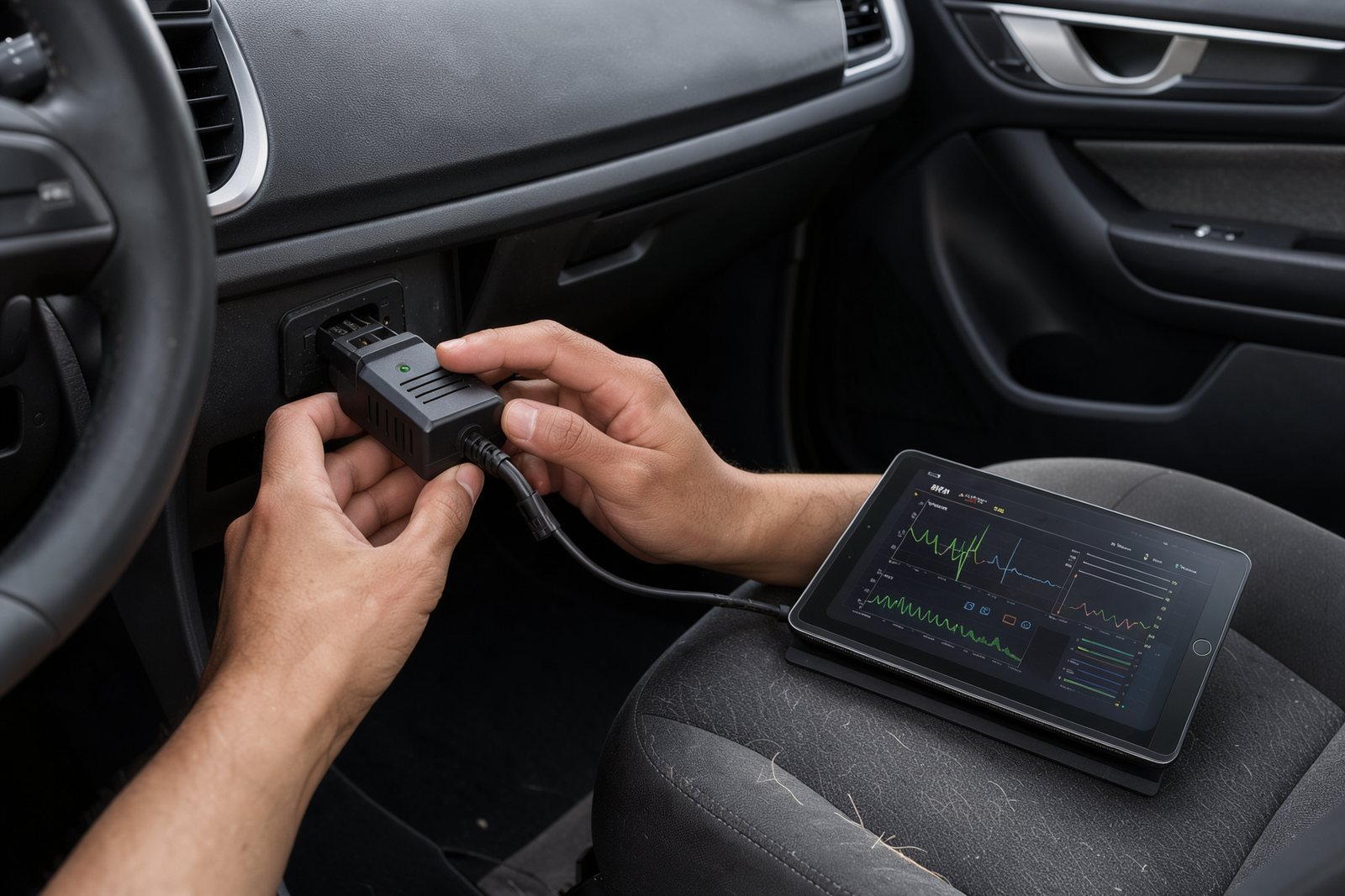 Symbolbild eines drahtlosen Diagnoseadapters am OBD-II-Anschluss eines Autos