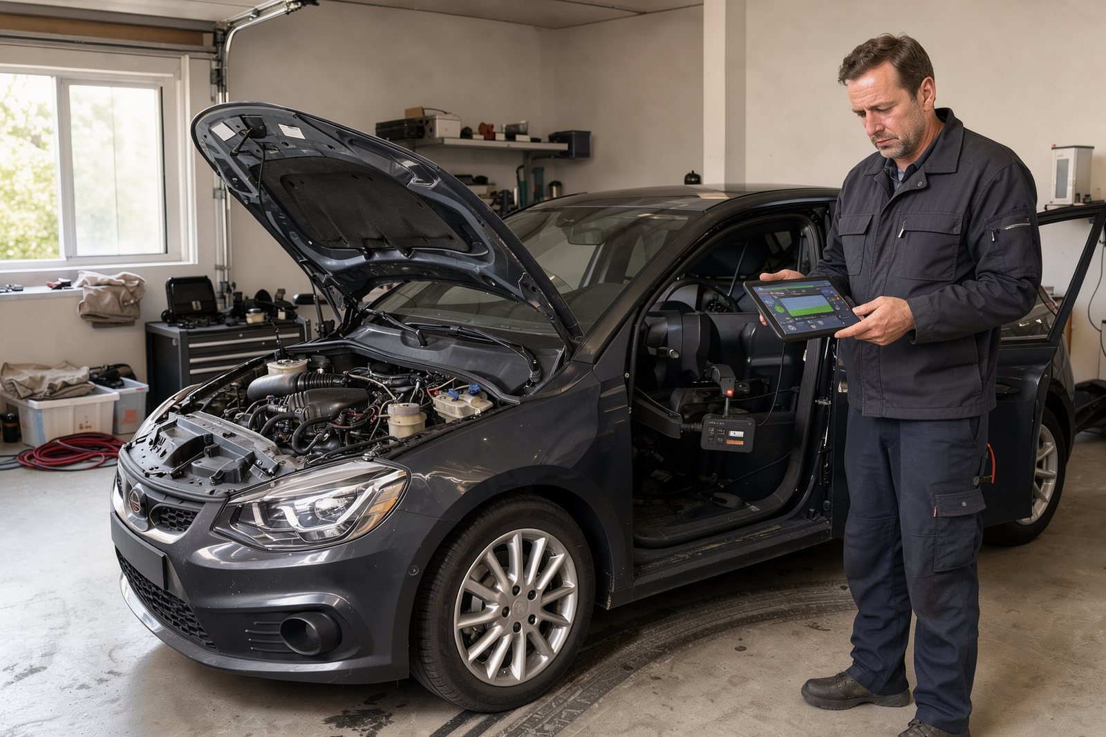 Symbolbild einer Fahrzeugdiagnose mit Tablet am geöffneten Motorraum