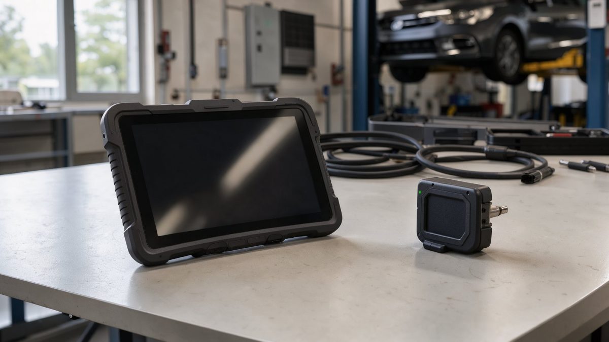 Symbolbild eines Diagnose-Tablets mit drahtlosem OBD-II-Adapter auf einer Werkbank