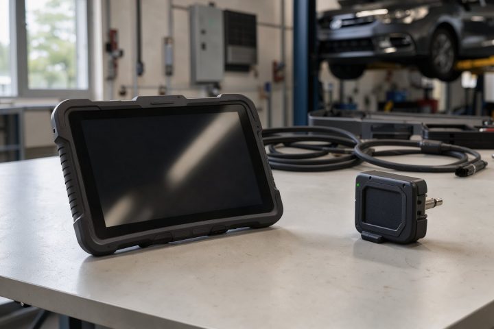 Symbolbild eines Diagnose-Tablets mit drahtlosem OBD-II-Adapter auf einer Werkbank