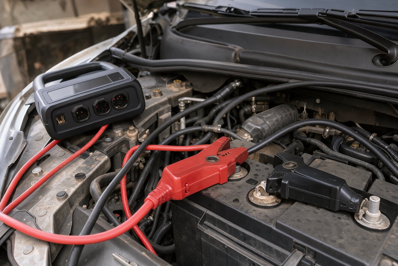 Detailansicht von Starthilfeklemmen neben einer zugänglichen Autobatterie