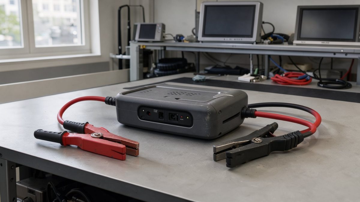 Symbolbild eines tragbaren 12-Volt-Starthilfegeräts mit isolierten Batterieklemmen