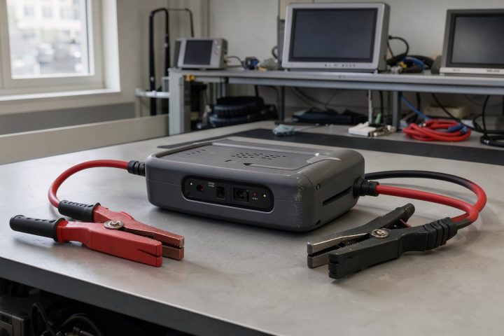 Symbolbild eines tragbaren 12-Volt-Starthilfegeräts mit isolierten Batterieklemmen