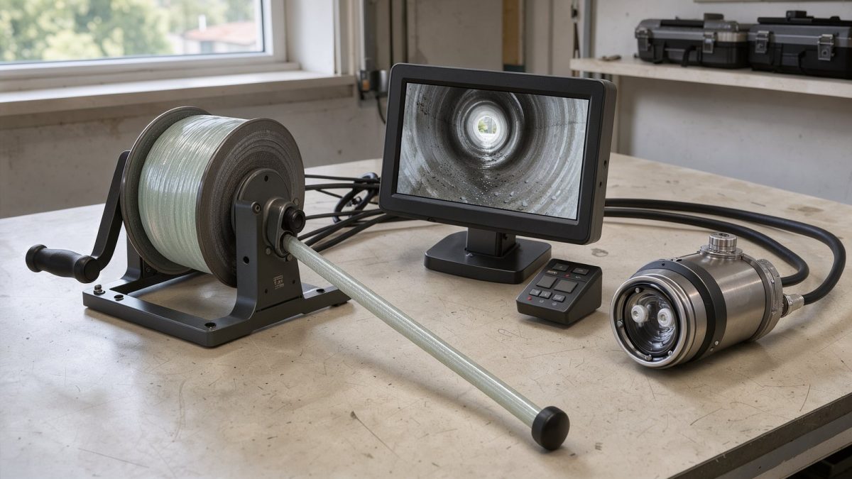 Symbolbild einer Rohrkamera mit Schubkabeltrommel und Monitor auf einer Werkbank