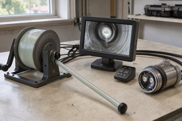 Symbolbild einer Rohrkamera mit Schubkabeltrommel und Monitor auf einer Werkbank