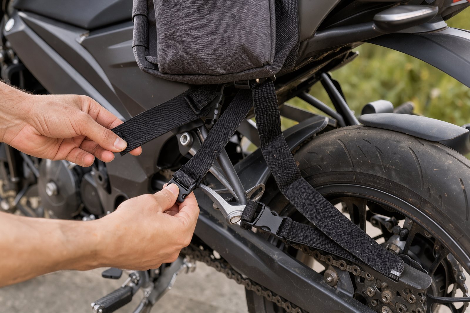 Symbolbild: Kontrolle der Gurte und des Radabstands an Motorrad-Seitentaschen