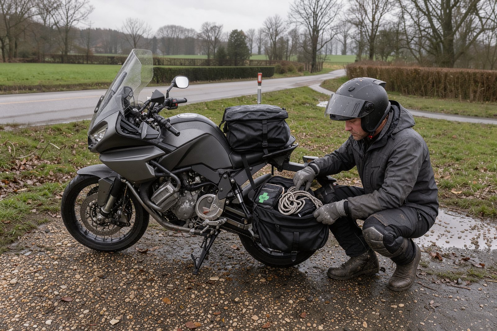Symbolbild: Gepäckkontrolle an einem Motorrad mit weichen Seitentaschen