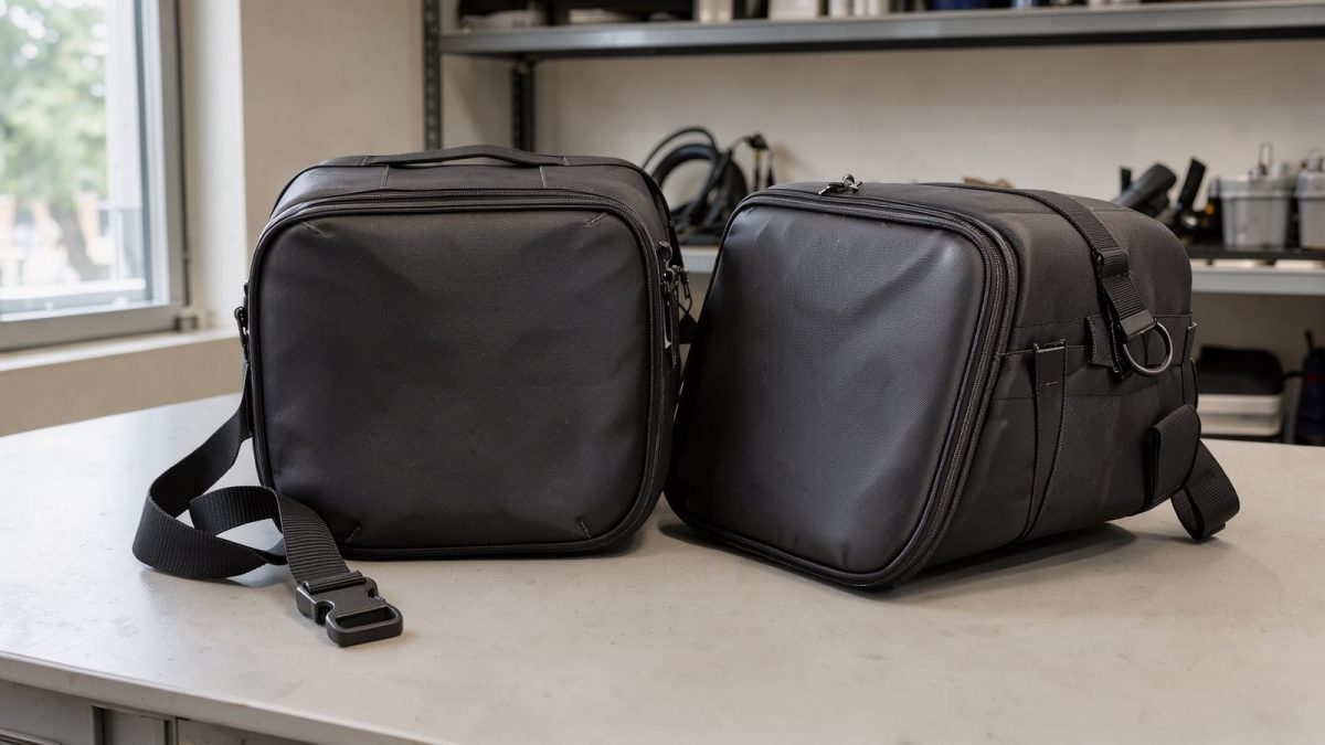 Symbolbild: Weiche Motorrad-Satteltaschen auf einer Werkbank