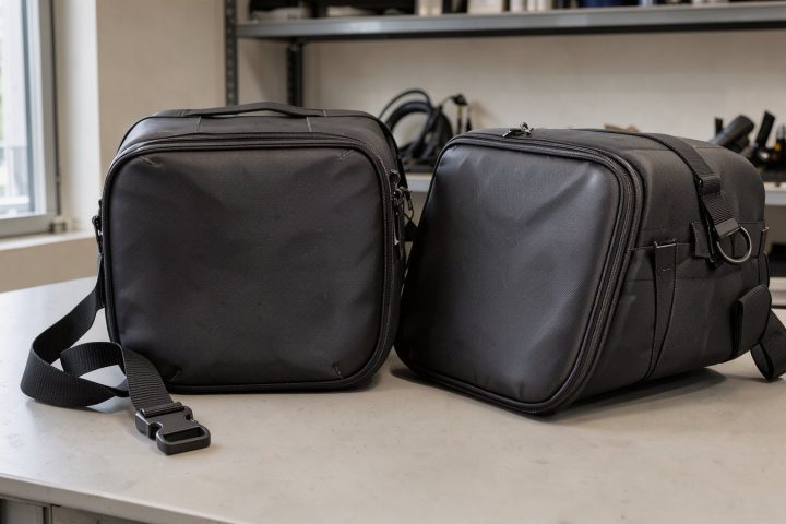 Symbolbild: Weiche Motorrad-Satteltaschen auf einer Werkbank