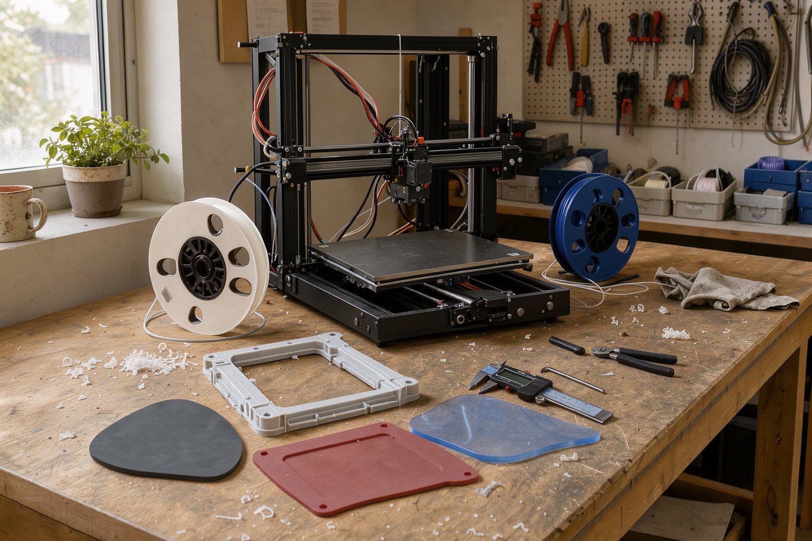Symbolbild eines Werkstattplatzes mit 3D-Drucker, Messschieber und Funktionsbauteilen