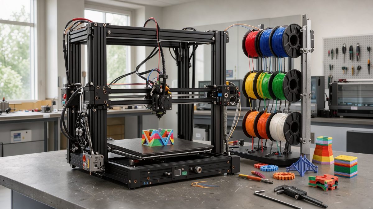 Symbolbild eines Filament-3D-Druckers mit externer Mehrspulen-Zuführung