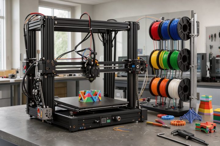 Symbolbild eines Filament-3D-Druckers mit externer Mehrspulen-Zuführung
