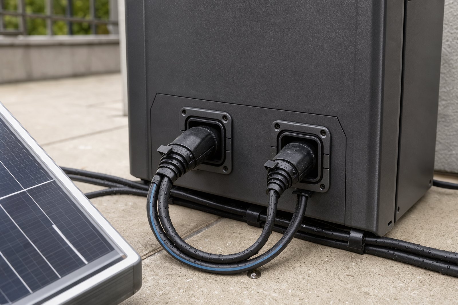 Symbolische Detailansicht wettergeschützter Solaranschlüsse und verlegter Kabel