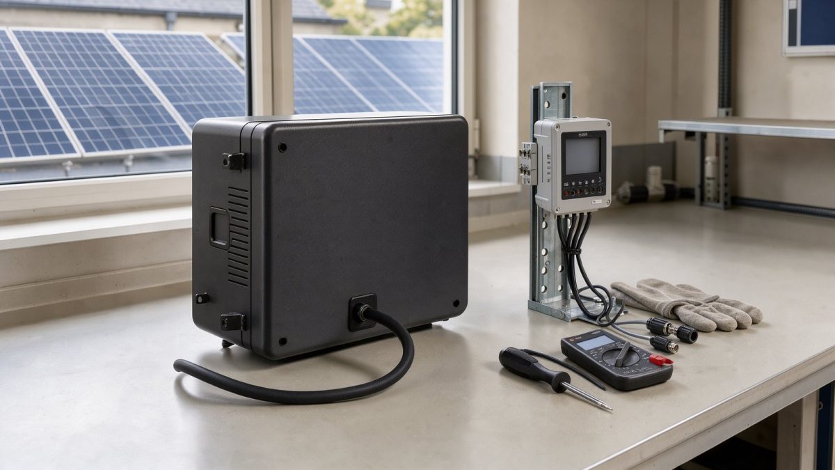 Symbolbild eines kompakten Balkonkraftwerk-Speichers mit separatem Smart Meter
