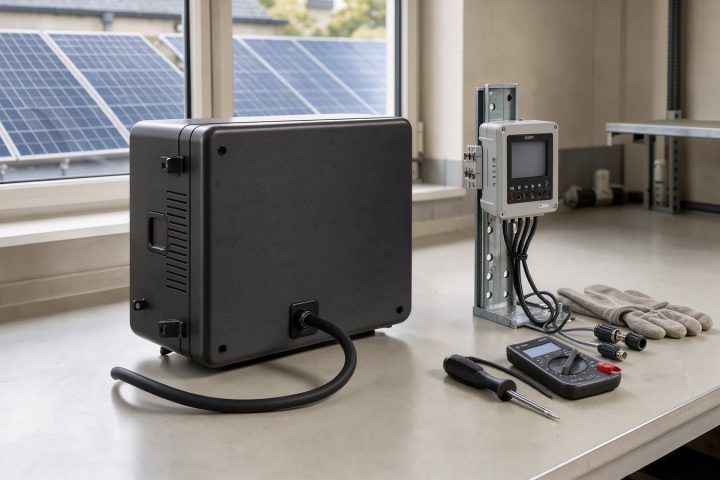 Symbolbild eines kompakten Balkonkraftwerk-Speichers mit separatem Smart Meter