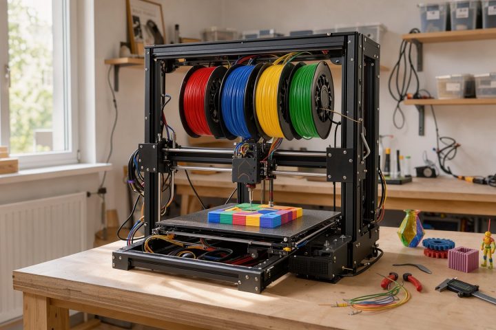 Symbolbild eines offenen Vierfarb-3D-Druckers auf einer stabilen Werkbank