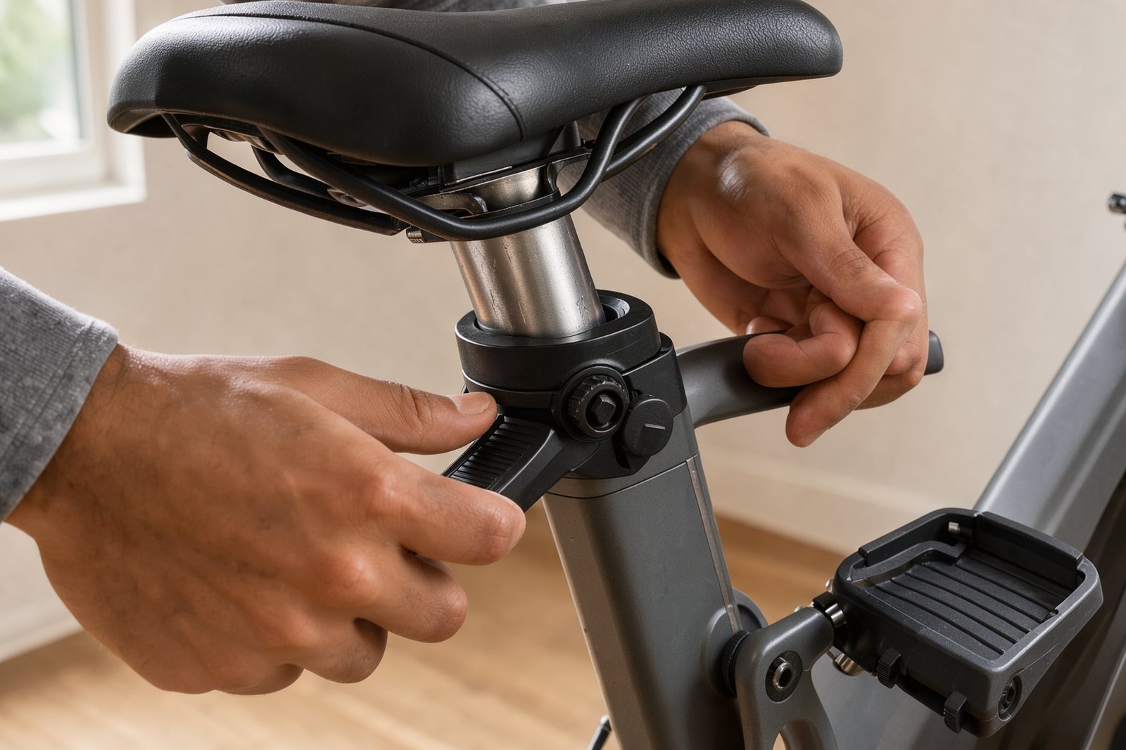Detailaufnahme der Sattelverstellung und eines Pedals an einem Fitnessbike