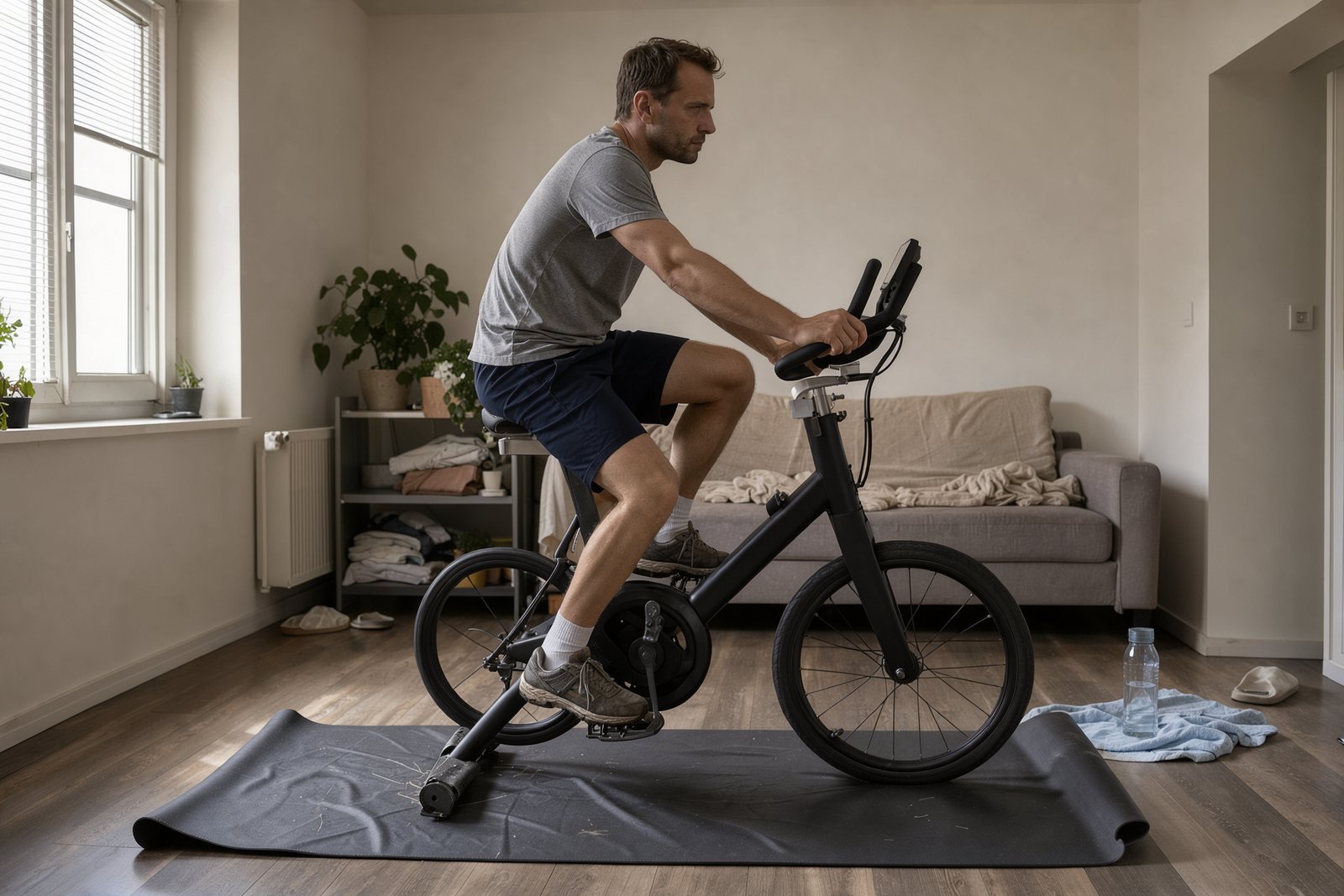 Symbolbild: Ausdauertraining auf einem Indoor-Bike im Wohnraum