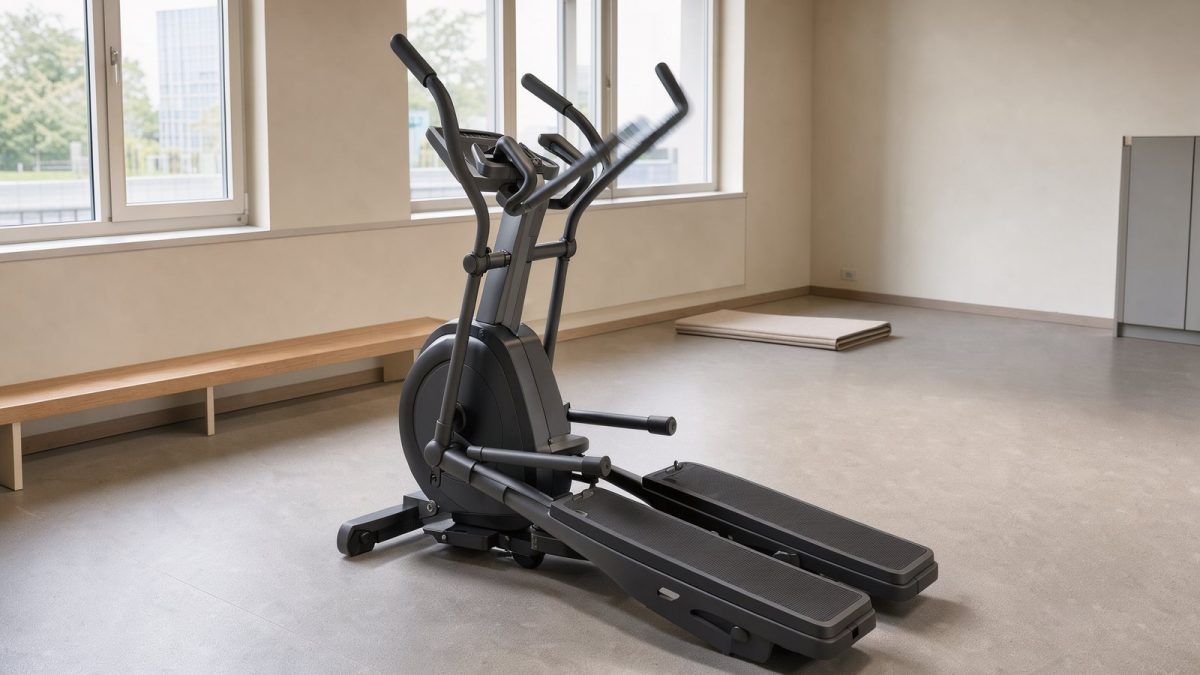 Symbolbild eines Crosstrainers mit langen Trittflächen im hellen Trainingsraum