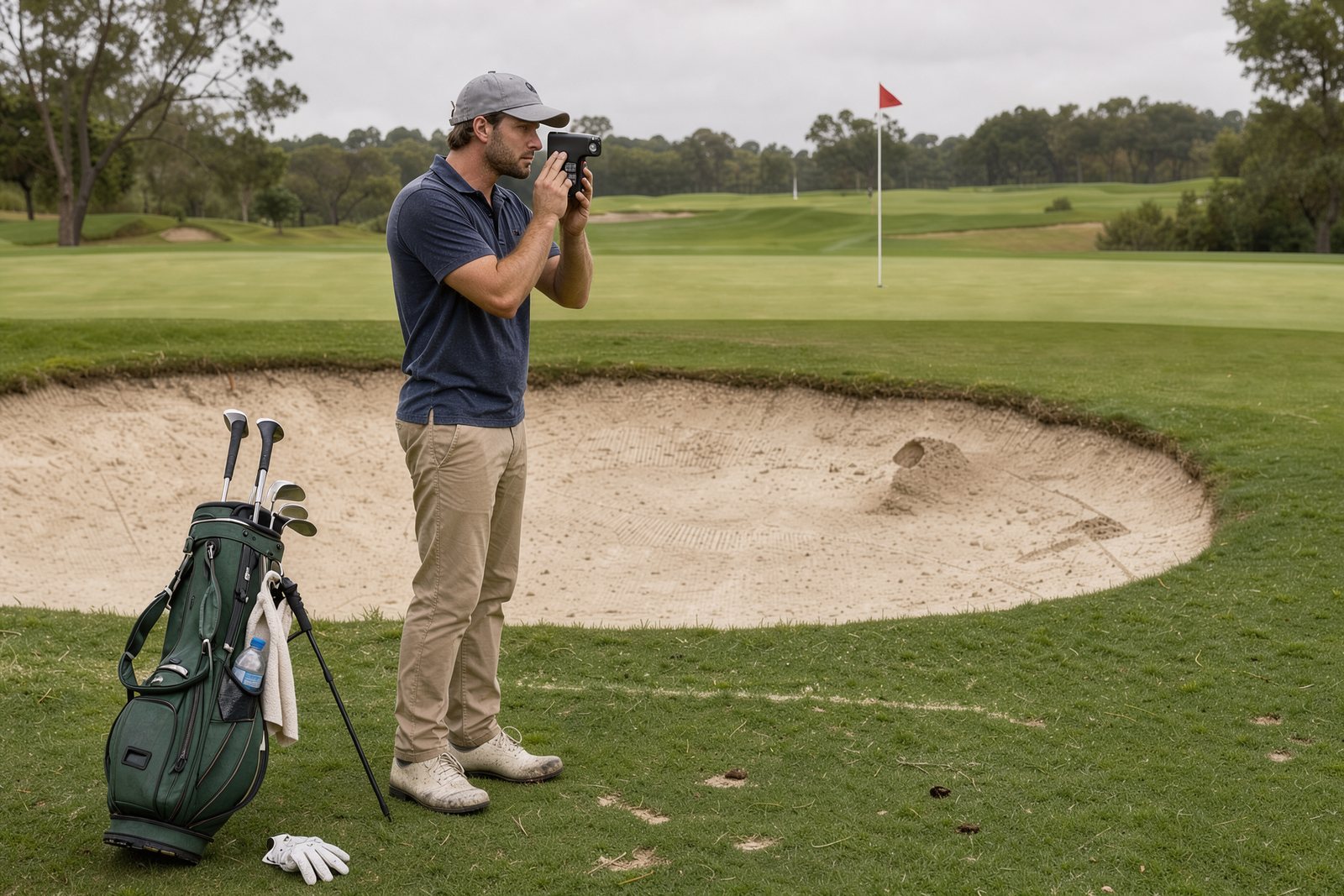 Symbolbild eines Golfers beim Anvisieren einer Fahne mit einem Laserentfernungsmesser