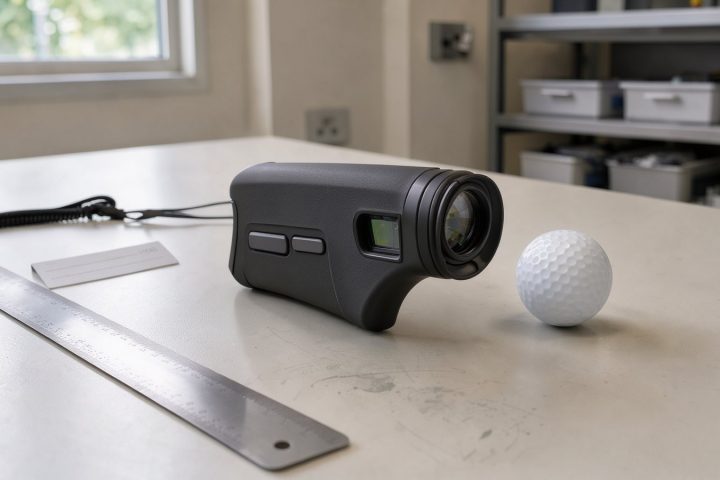 Symbolbild eines kompakten Golf-Laserentfernungsmessers auf einem Redaktionstisch