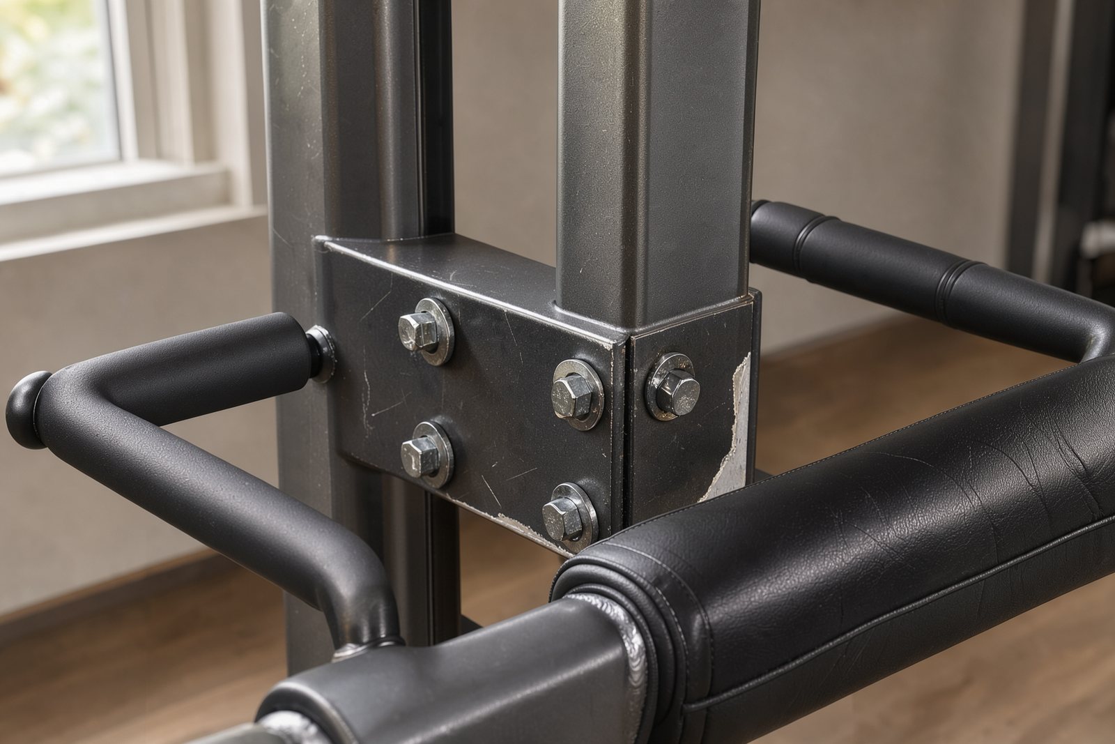 Symbolische Detailaufnahme von Verschraubung, Dip-Griff und Unterarmpolster