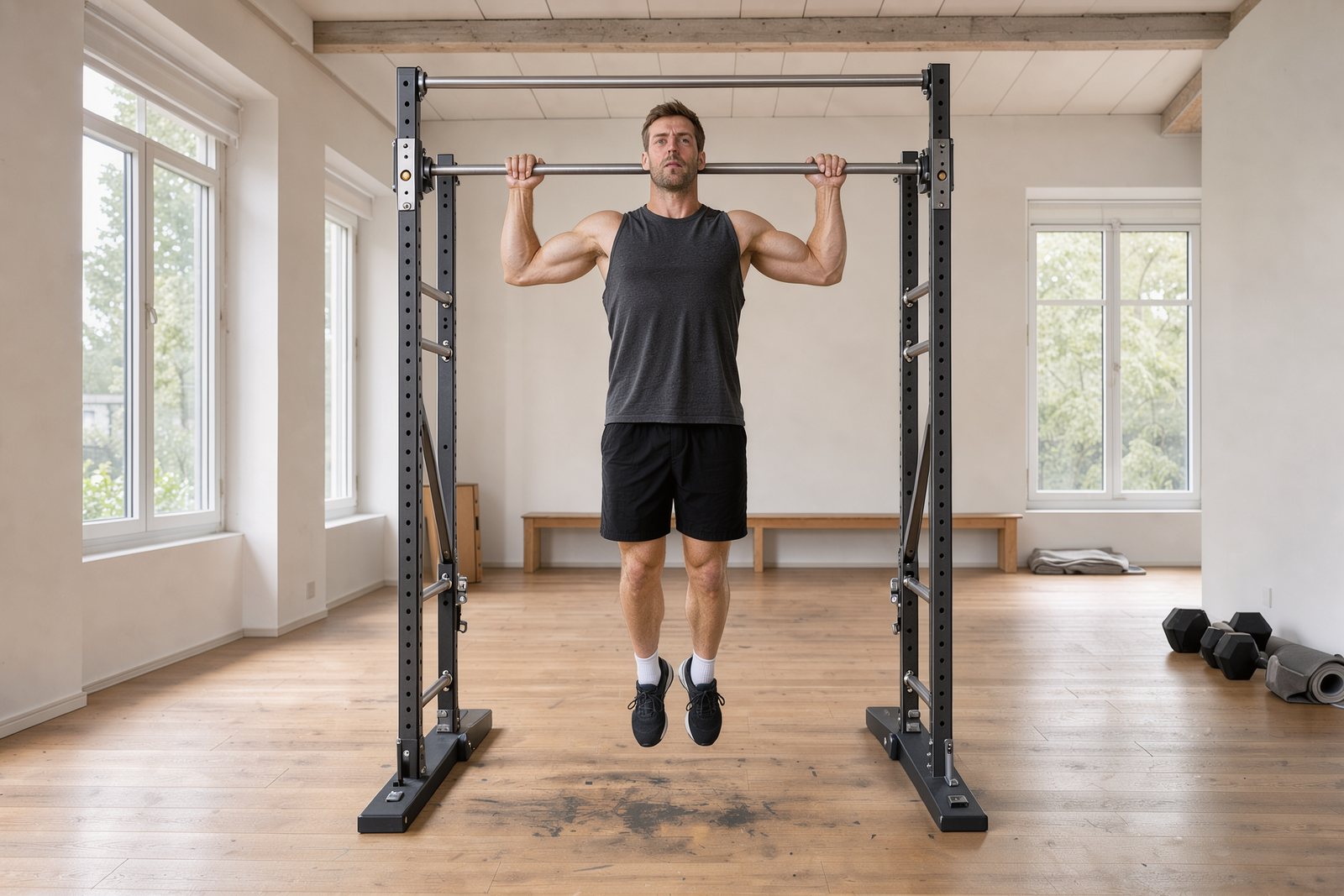 Symbolbild eines kontrollierten Klimmzugs an einer freistehenden Trainingsstation