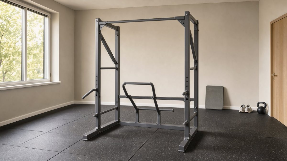 Symbolbild einer freistehenden Klimmzug- und Dip-Station im Heimtrainingsraum