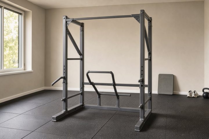 Symbolbild einer freistehenden Klimmzug- und Dip-Station im Heimtrainingsraum
