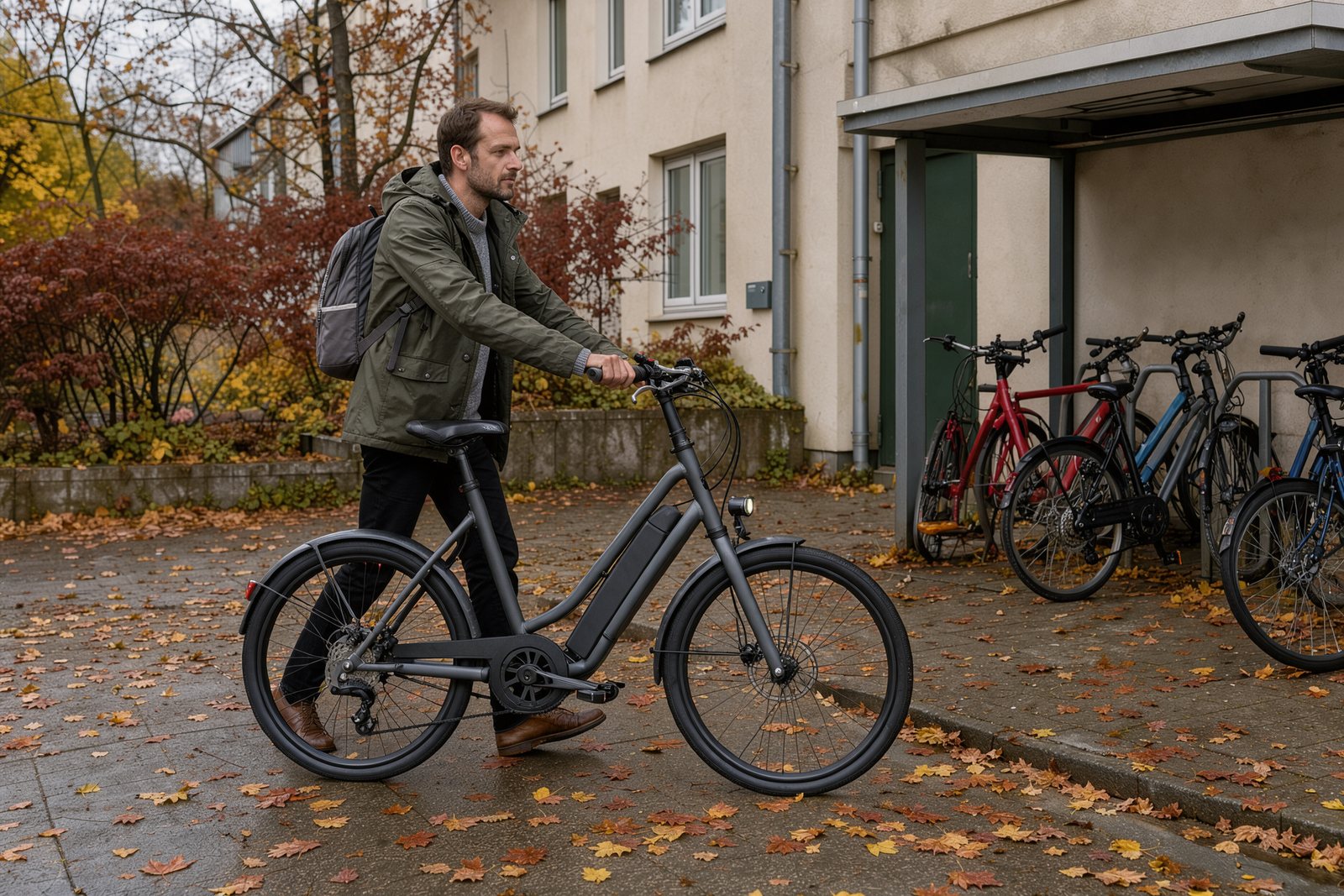 Symbolbild eines Pendlers mit E-Cityrad vor einem Fahrradabstellraum
