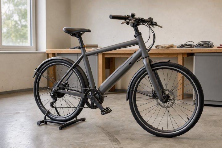 Symbolbild eines elektrischen Cityrads mit integriertem Akku in einer Fahrradwerkstatt
