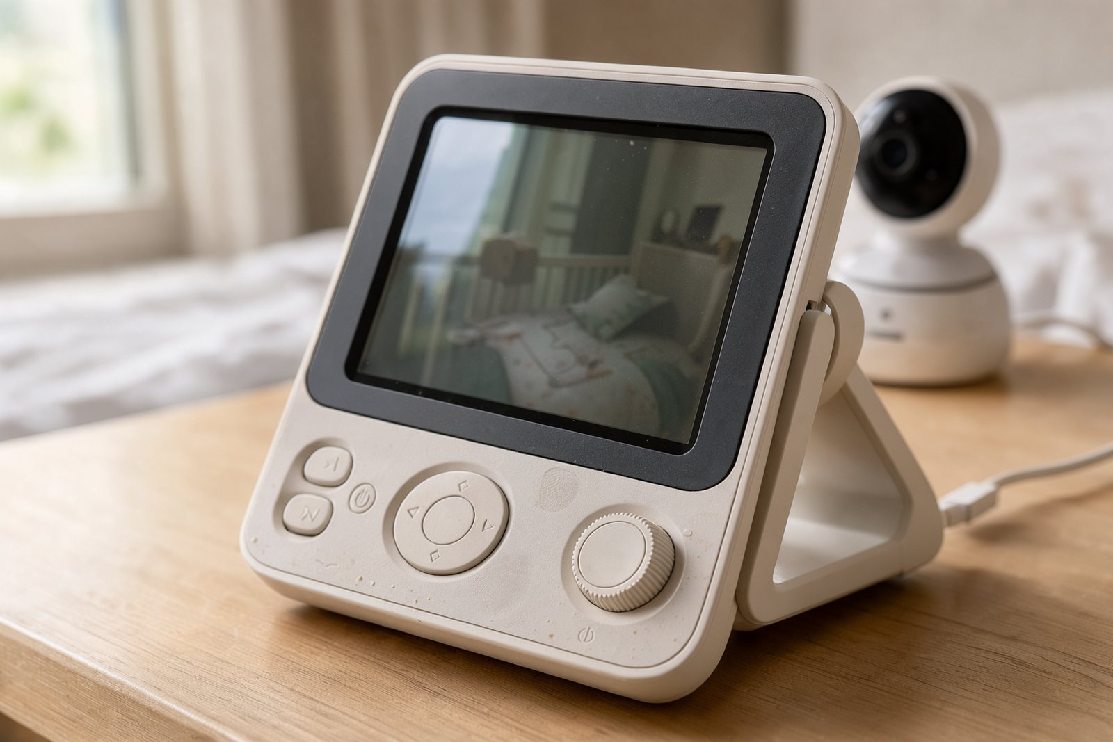 Symbolische Detailaufnahme von Bedienelementen und Standfuß eines Babyphone-Monitors