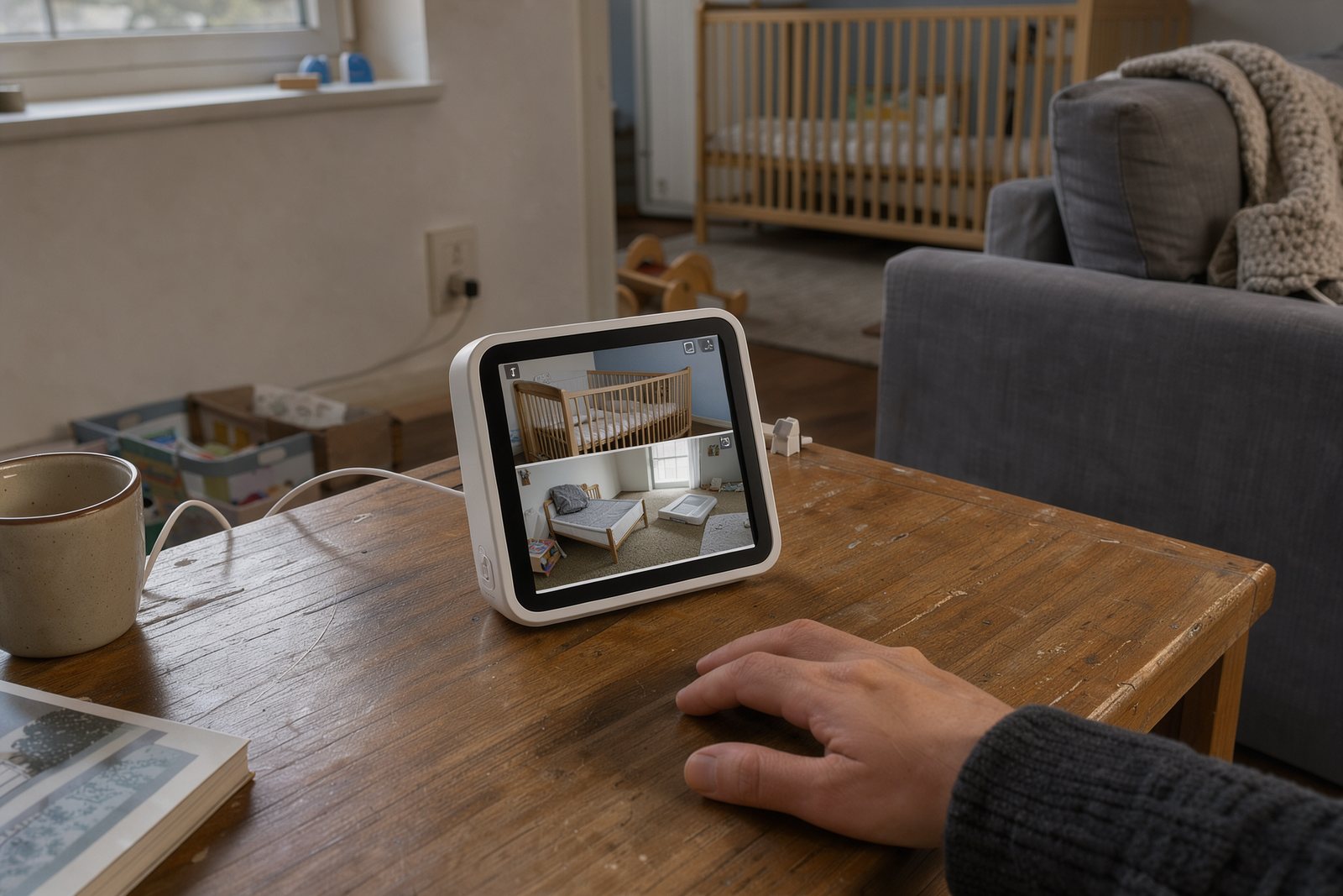 Symbolbild eines Babyphone-Elternmonitors mit zwei Kamerabildern im Wohnzimmer
