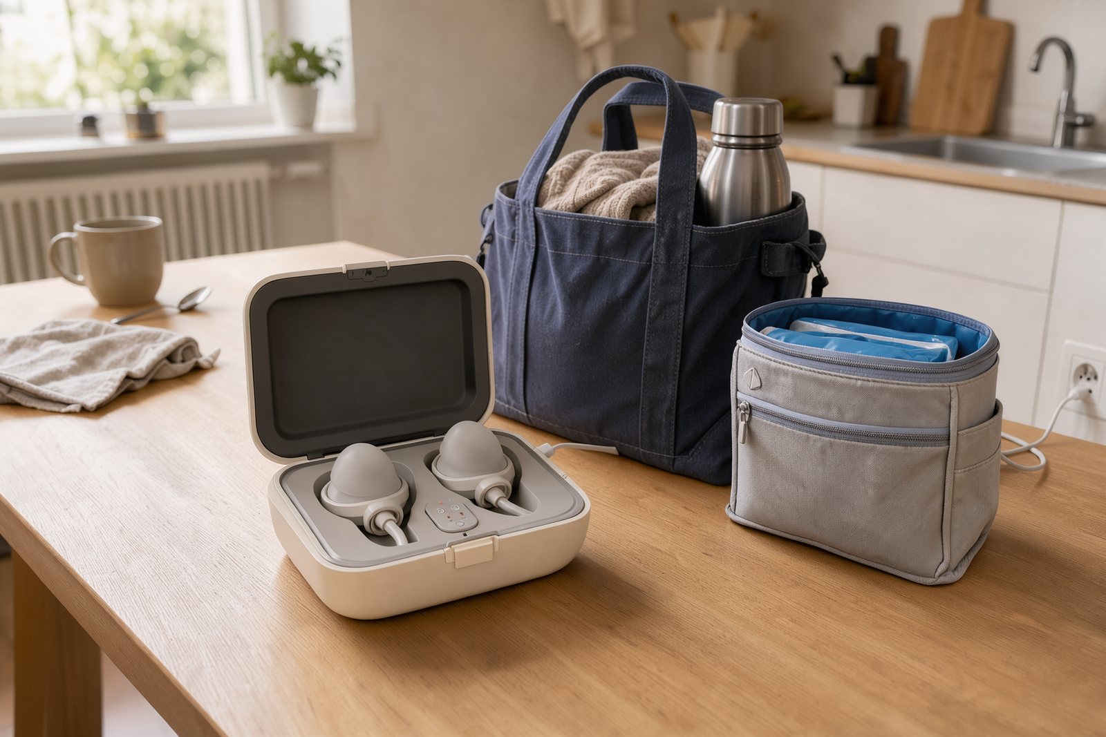 Symbolbild eines Milchpumpen-Ladecases neben Arbeitstasche und separater Kühltasche
