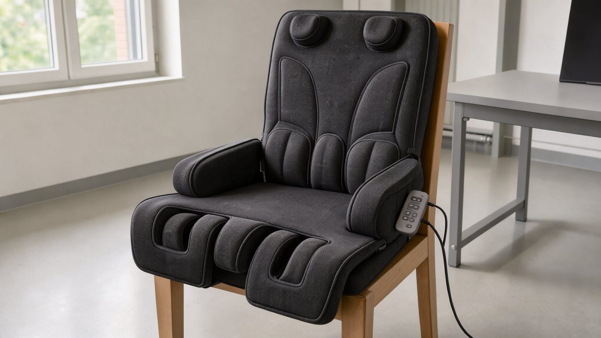 Symbolbild einer Shiatsu-Massagesitzauflage auf einem stabilen Stuhl