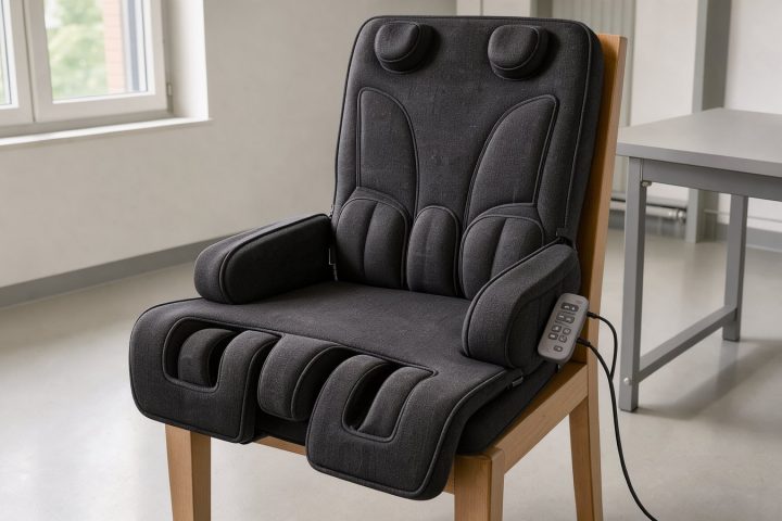 Symbolbild einer Shiatsu-Massagesitzauflage auf einem stabilen Stuhl