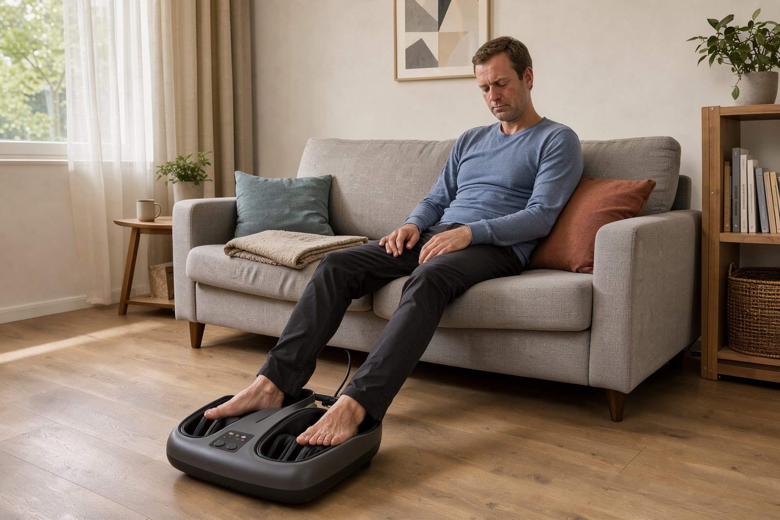 Symbolbild einer sitzenden Person bei der elektrischen Fußmassage