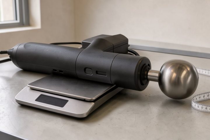 Symbolbild einer Massagepistole mit Metallaufsatz auf einem Prüftisch
