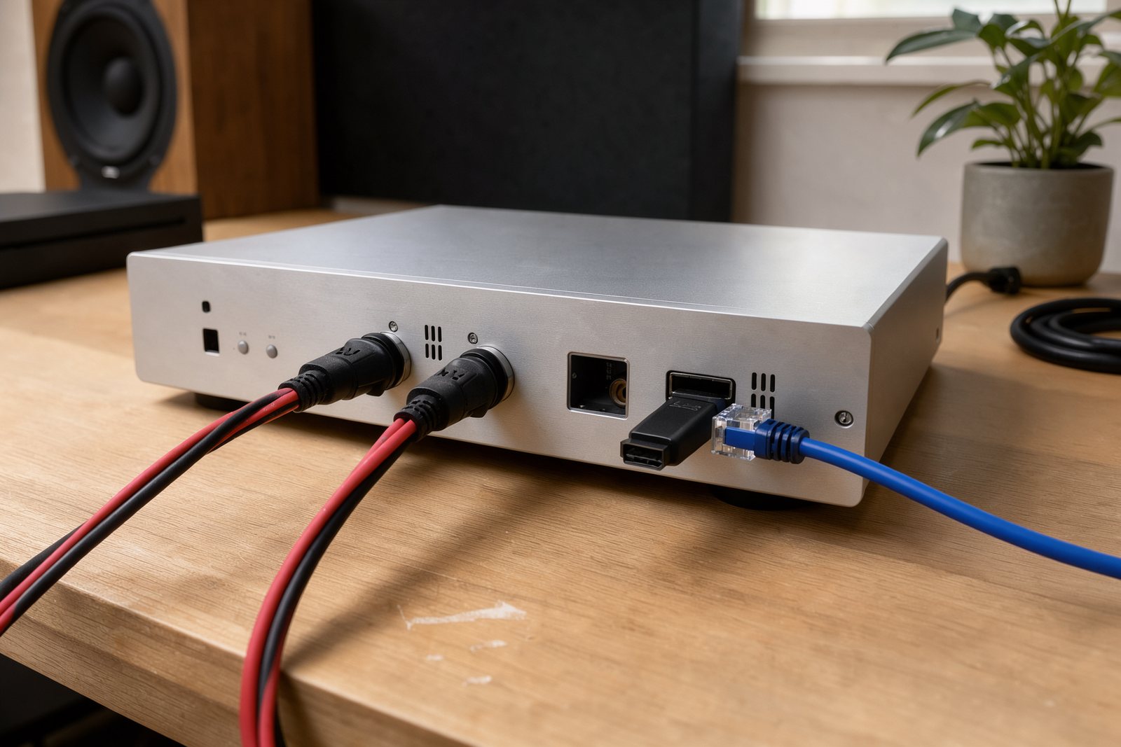 Detailansicht der Lautsprecheranschlüsse sowie HDMI- und Netzwerkkabel