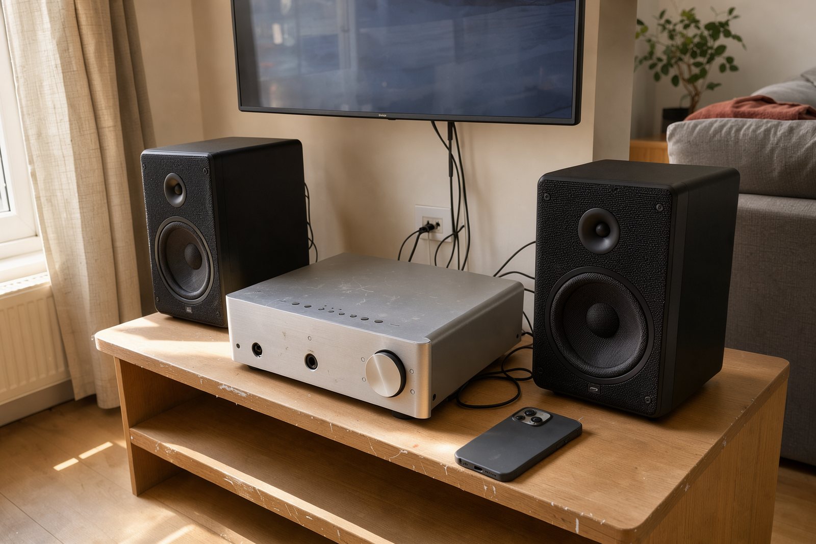 Kompakte Stereoanlage mit Streaming-Verstärker unter einem Fernseher