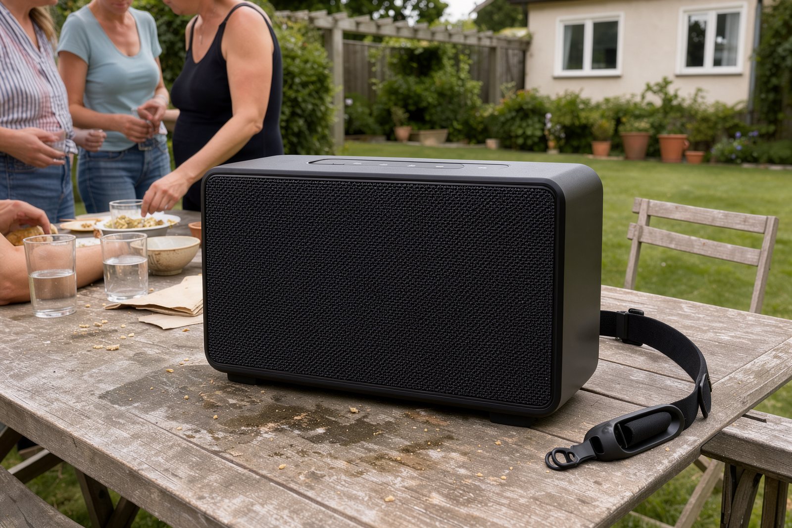Symbolbild eines tragbaren Bluetooth-Lautsprechers auf einem Gartentisch