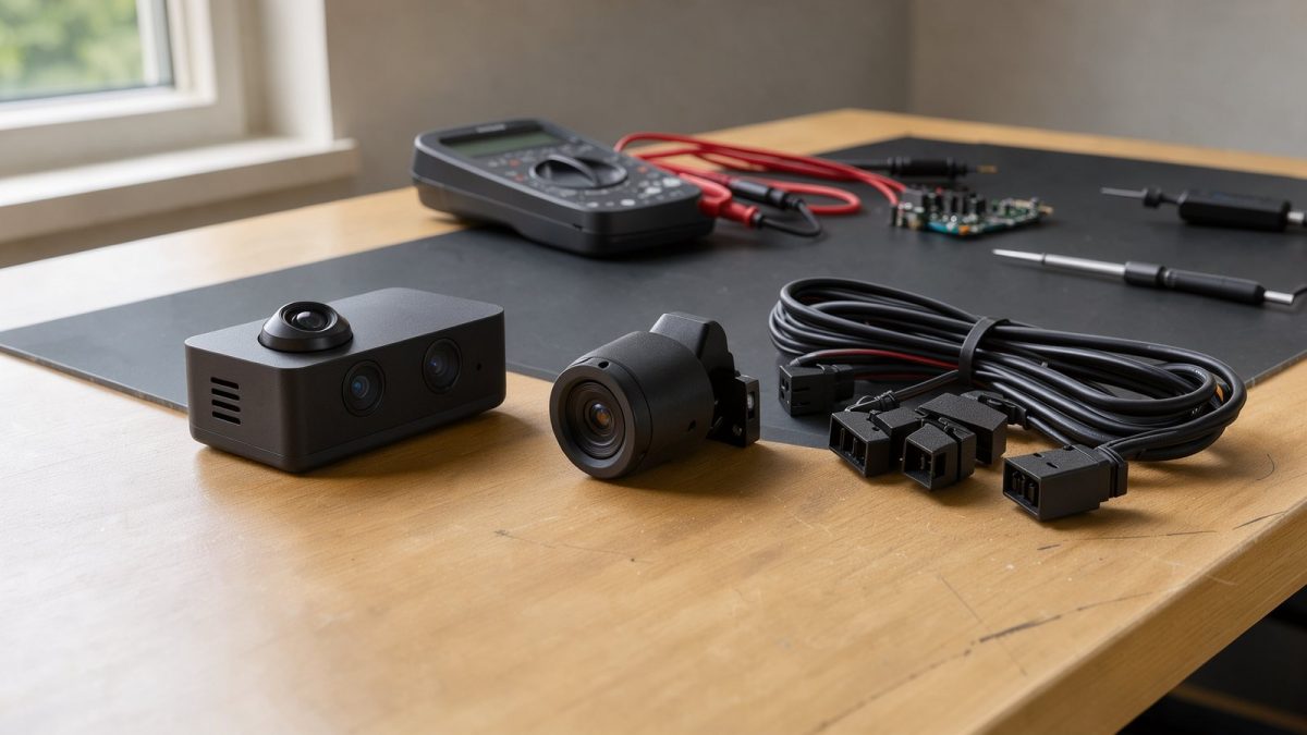 Dreikanal-Dashcam mit Frontmodul, Heckkamera und Anschlusskabeln auf einem Arbeitstisch