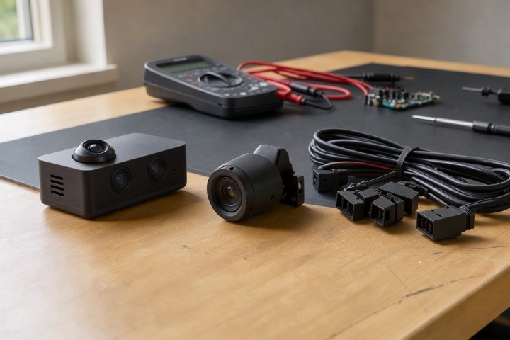 Dreikanal-Dashcam mit Frontmodul, Heckkamera und Anschlusskabeln auf einem Arbeitstisch