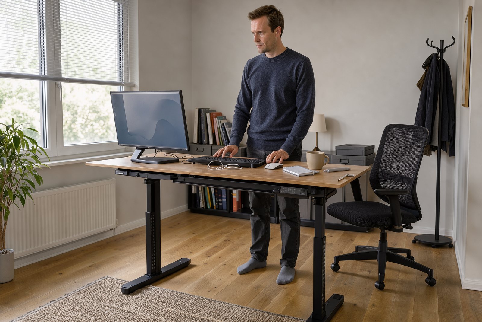 Sitz-Steh-Schreibtisch im alltäglichen Homeoffice-Einsatz