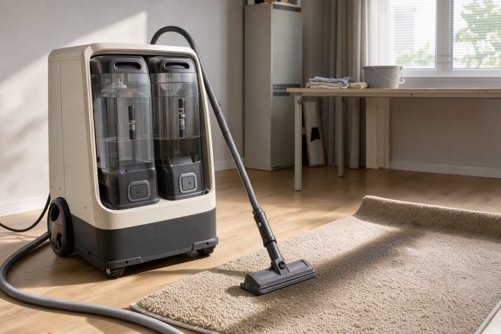 Symbolbild eines aufrechten Teppichwaschsaugers neben einem Kurzflorteppich