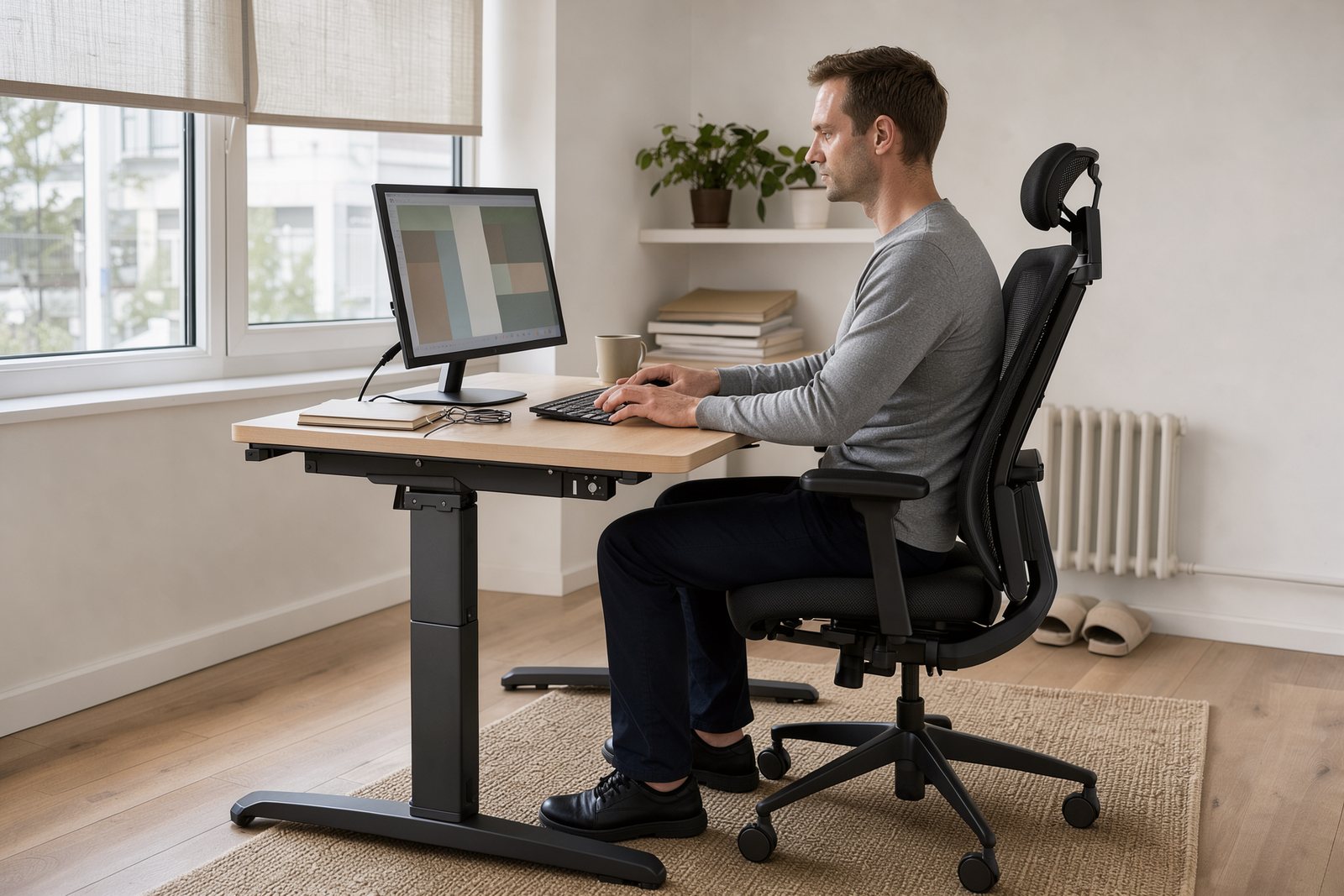 Illustrative Arbeitsplatzszene mit ergonomischem Bürostuhl und höhenverstellbarem Tisch