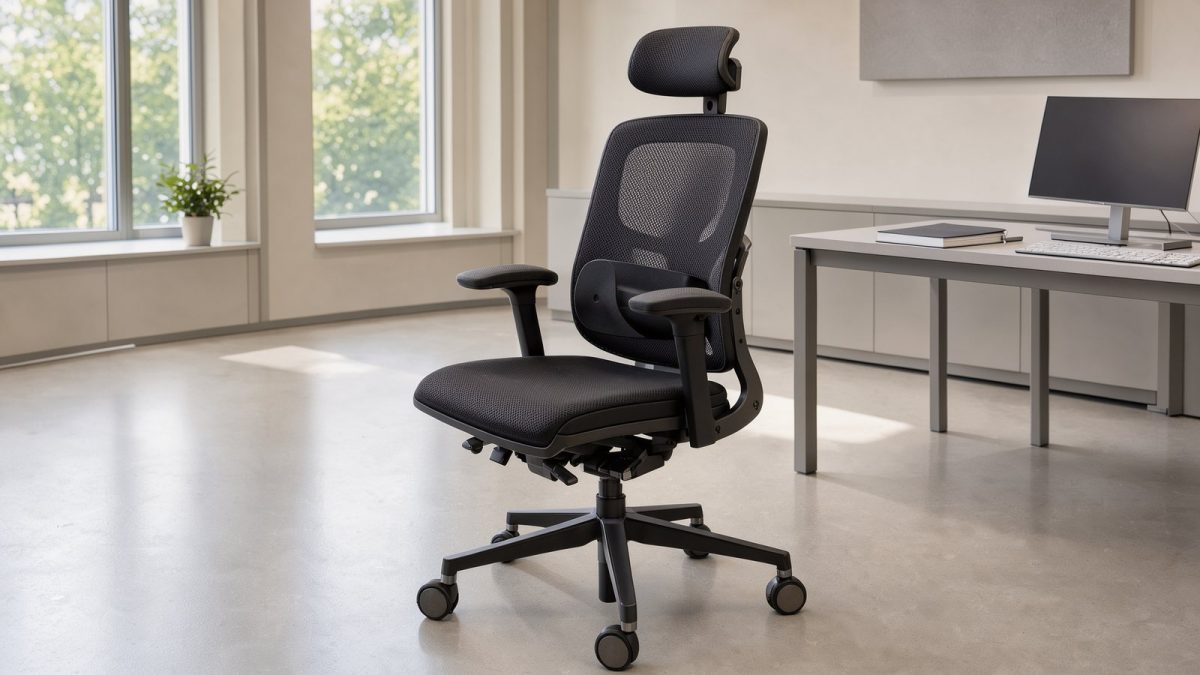 Illustration eines ergonomischen Bürostuhls mit Netzbezug im hellen Arbeitszimmer
