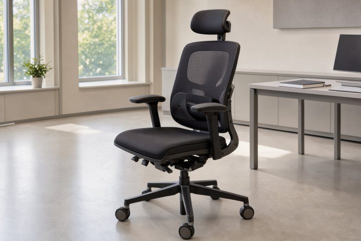 Illustration eines ergonomischen Bürostuhls mit Netzbezug im hellen Arbeitszimmer
