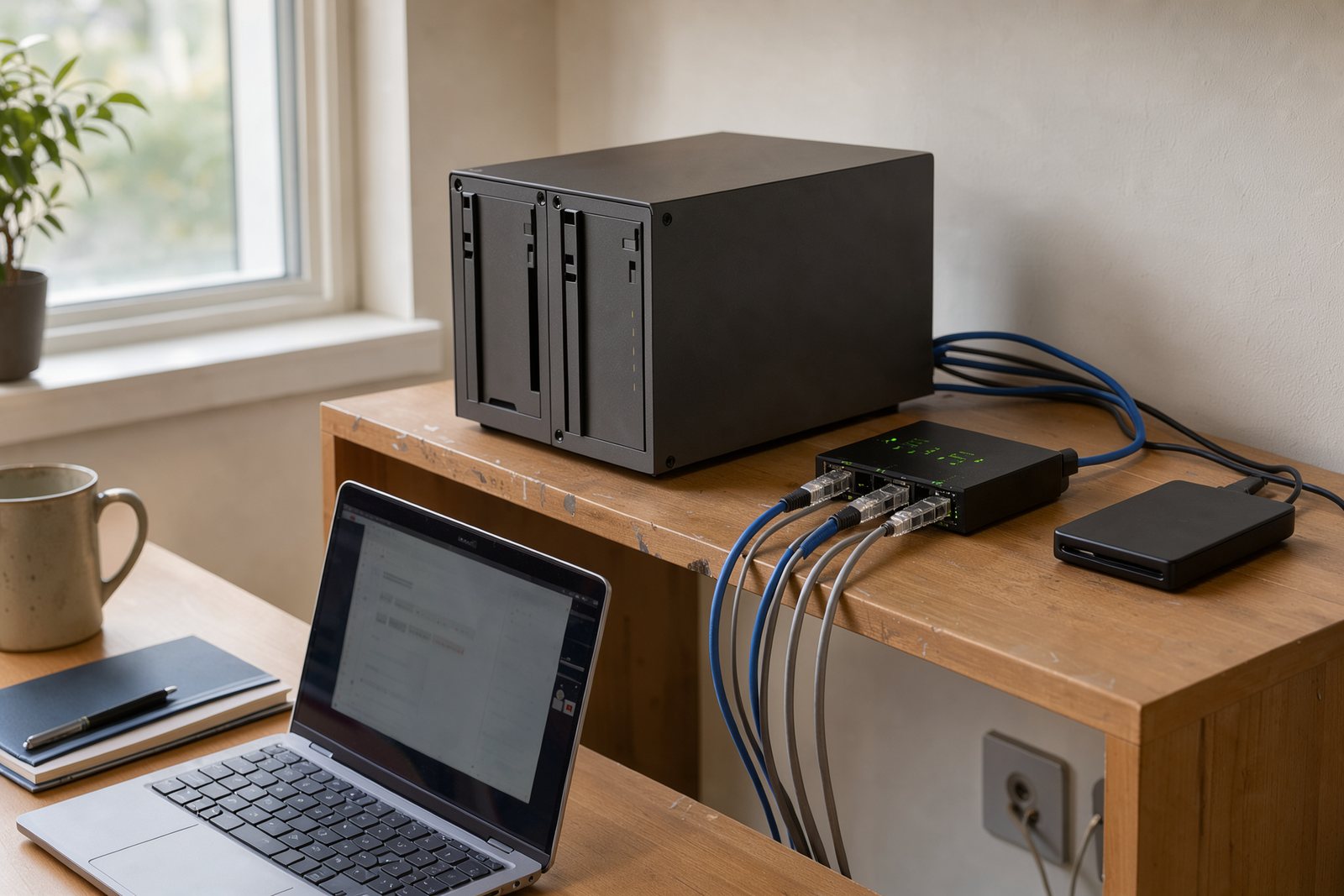 Zwei-Schacht-NAS mit Netzwerkverbindung und externer Sicherungsfestplatte im Homeoffice